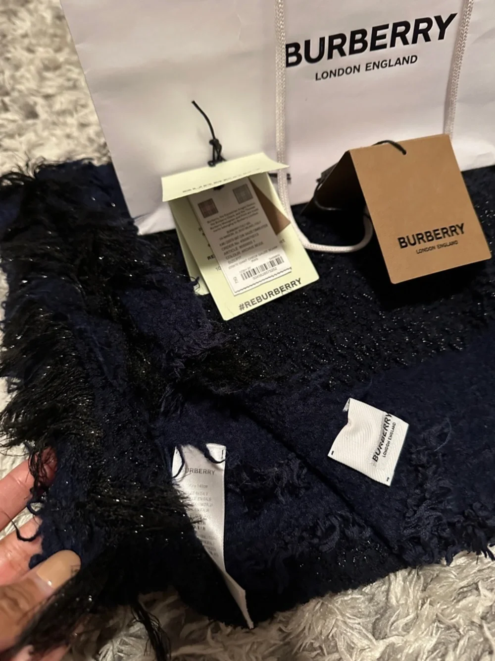 Burberry Dark Navy Shaggy Knit Scarf with Tags - Picture 3 of 7